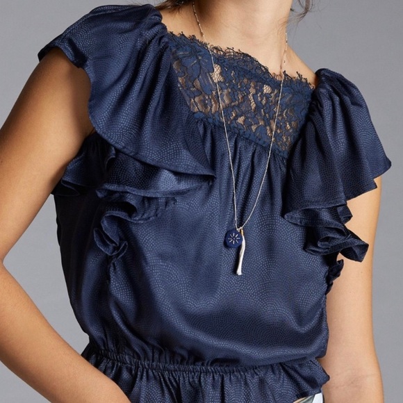 PORRIDGE ANTHROPOLIGIE NAVY BLUE GATHERED LACE RUFFLE BLOUSE WITH TIE WOMENS XS - Picture 1 of 6